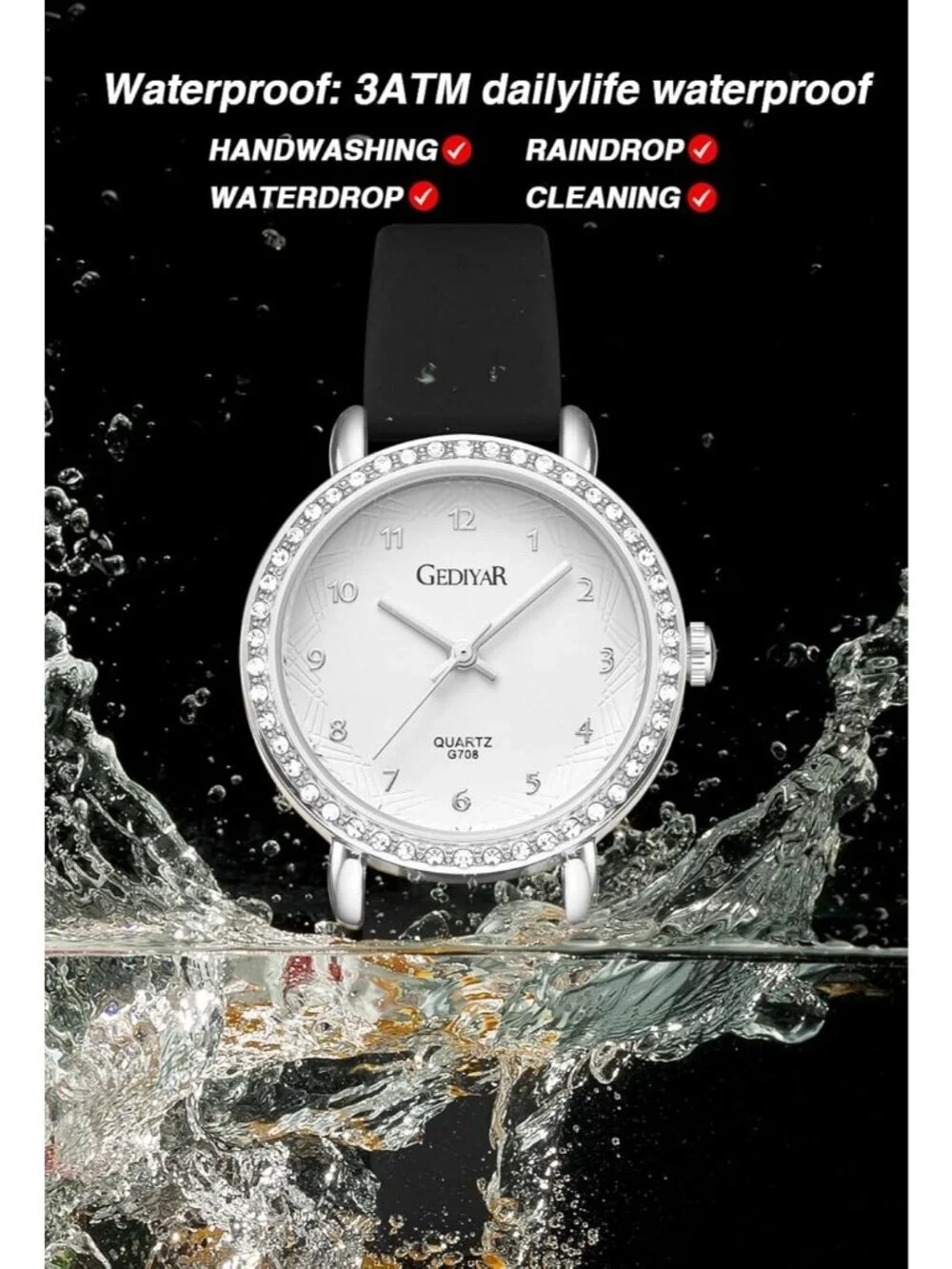 Womens Black White Analog Quartz Crystal Rhinestone Bezel Waterproof Wrist Watch